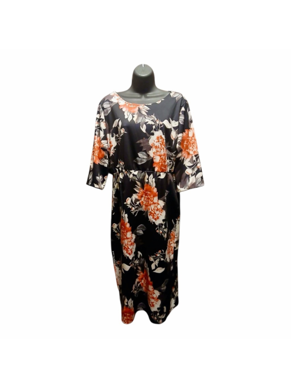 Women’s L Black Floral Midi Dress Orange Gray Stretch 3/4 Sleeve JC 513